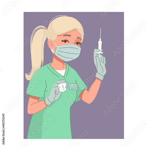 Blond woman nurse in a protective mask holds a syringe with a vaccine. Cure for coronavirus, covid-19. Vector color illustration in flat style. Portrait of a female doctor