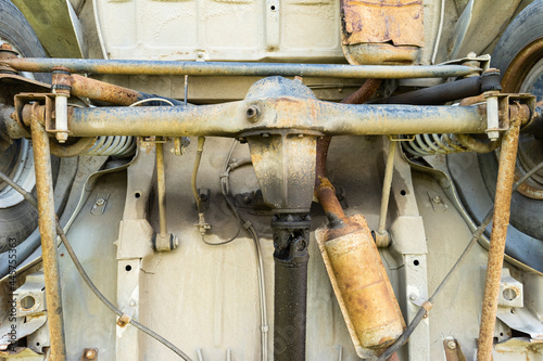 View of the undercarriage (underside) .rusty old car, bottom view.