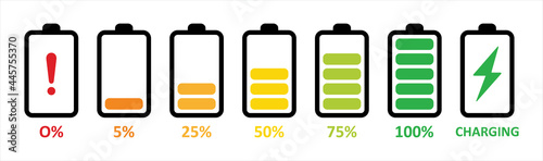 Set of battery charge level indicator in percent. Vector Illustration.