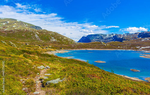 Fototapeta Naklejka Na Ścianę i Meble -  Amazing Vavatn lake panorama rough landscape boulders mountains Hemsedal Norway.