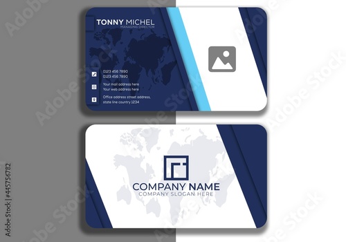 Horizontal navy blue and white image shapes business card Double-sided creative business card template. Portrait and landscape orientation. Horizontal and vertical layout. Vector illustration rounded