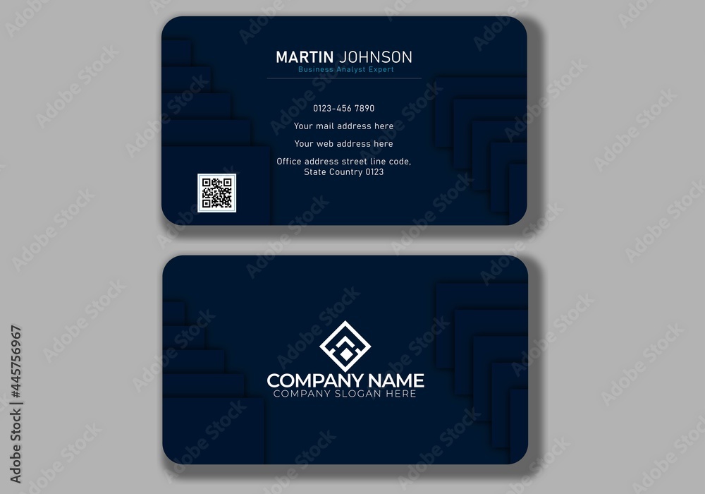 Horizontal simple navy blue shapes business card Double-sided creative abstract business card template. Portrait and landscape orientation. Horizontal and vertical layout. Vector illustration rounded