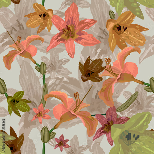 Module seamless pattern for filling the plane with lilies of pink and yellow color