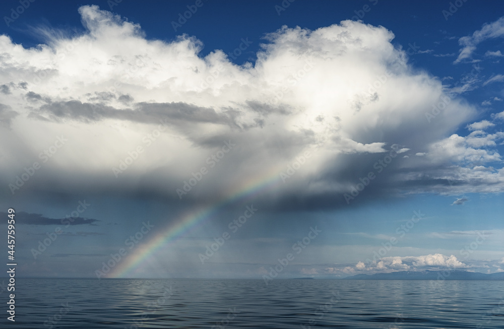 aerial view of rainbow over the sea, aerial view of Rainbow above the sea and island, aerial view of lakes on the island and rainbow aerial view of rainbow over the sea, aerial view of Rainbow above the sea and island, aerial view of lakes on the island and rainbow