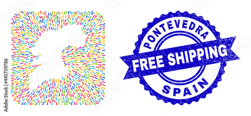 Vector mosaic Pontevedra Province map of pointer arrows and scratched Free Shipping seal. Mosaic Pontevedra Province map designed as carved shape from rounded square shape with straight arrows.