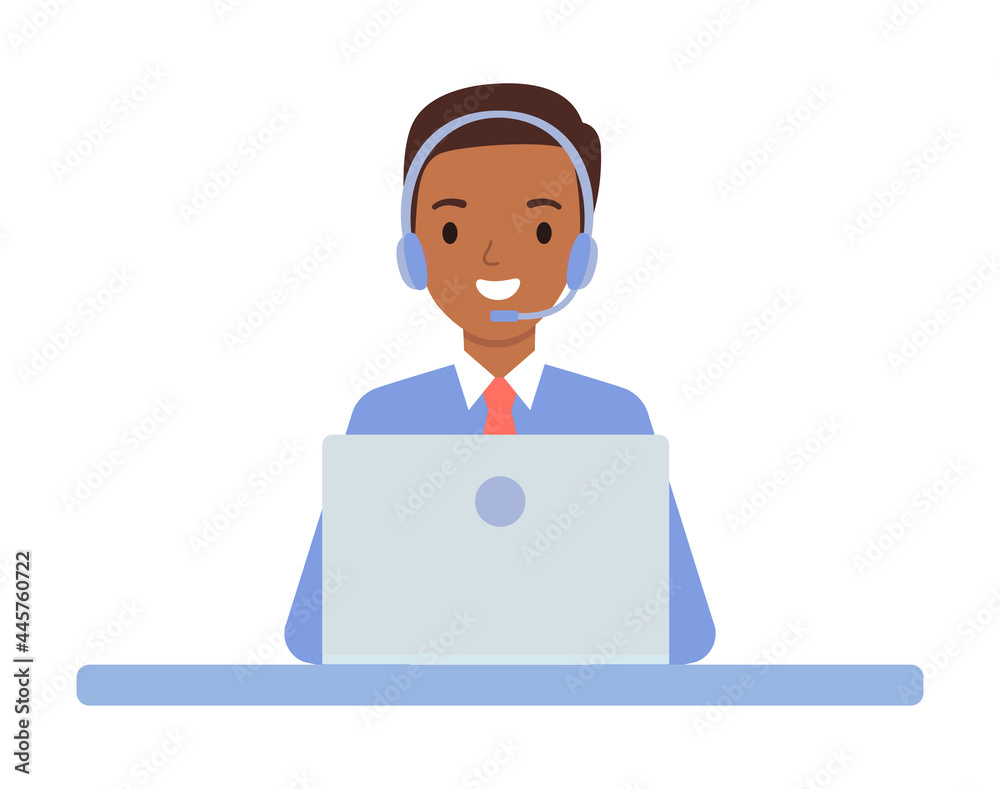 African American young man wearing in headphones, the concept of a call center and online customer support. African American young man wearing in headphones, the concept of a call center and online customer support.