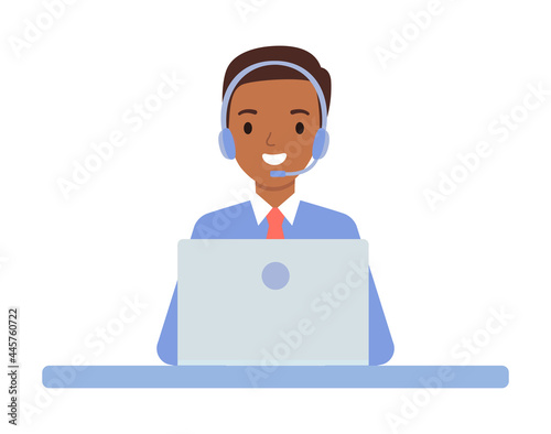 African American young man wearing in headphones, the concept of a call center and online customer support.