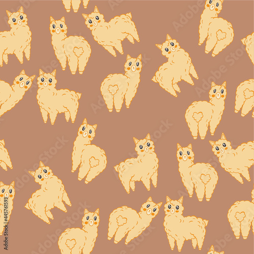 Seamless pattern with bright cute alpacas, llamas