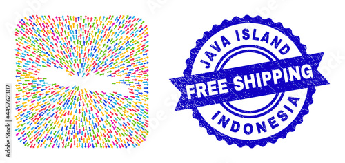 Vector collage Java Island map of pointer arrows and scratched Free Shipping stamp. Collage Java Island map designed as carved shape from rounded square shape with straight arrows.