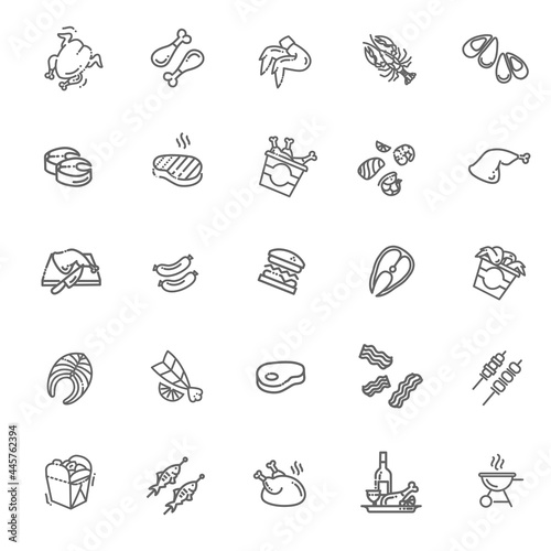 Meat, poultry, fish and seafood - minimal thin line web icon set