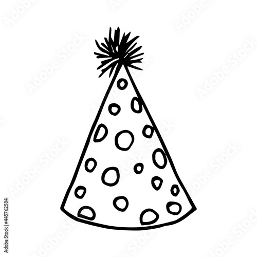 Vector cute black and white birthday hat in doodle style. Outline vector. Cartoon clipart for card, poster, print design. Isolated on white background. Hand drawn doodle illustration.