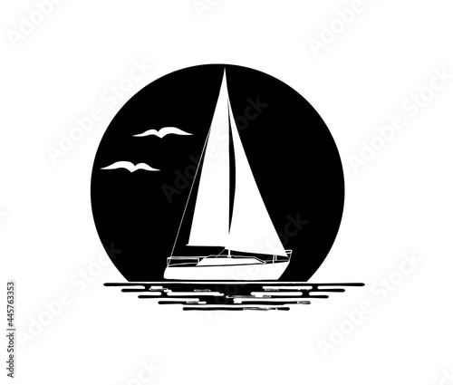 Black and white illustration of sailing boat isolated on white background. Water, birds, sun, silhouettes. Logo.