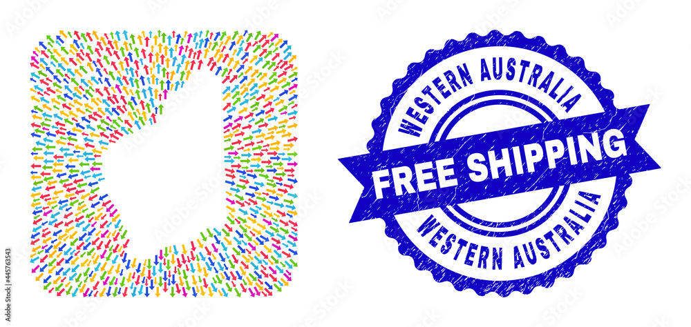 Vector mosaic Western Australia map of pointer arrows and rubber Free Shipping badge. Mosaic Western Australia map designed as carved shape from rounded square shape using away arrows. Vector mosaic Western Australia map of pointer arrows and rubber Free Shipping badge. Mosaic Western Australia map designed as carved shape from rounded square shape using away arrows.