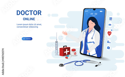 Doctor online on smartphone app with female doctor. Online medical clinic, online medical consultation, tele medicine. Online healthcare and medical consultation. Social distancing. 3D vector