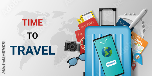 Online travel booking service app on smartphone . Travel online ticket. Trip planning. travel equipment and luggage. Top view on travel and tourism concept template. vector illustration