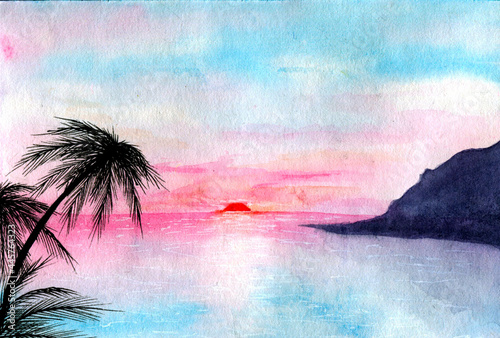 Watercolor sunset Landscape.Aesthetic Camping background. Silhouette Beach,mountain and palm
