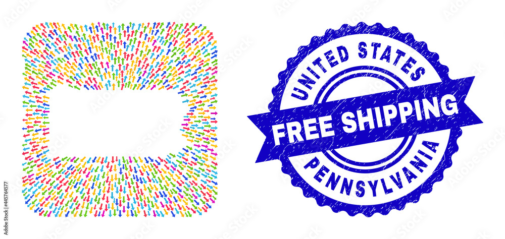 Vector collage Pennsylvania State map of emigration arrows and rubber Free Shipping badge. Collage Pennsylvania State map designed as carved shape from rounded square shape using delivery arrows. Vector collage Pennsylvania State map of emigration arrows and rubber Free Shipping badge. Collage Pennsylvania State map designed as carved shape from rounded square shape using delivery arrows.