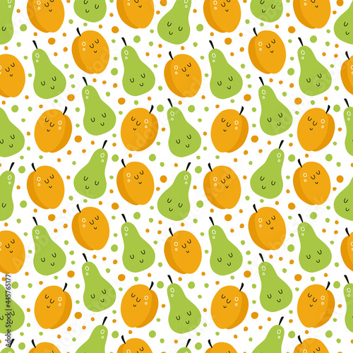 vector seamless pattern with cartoon fruits. it can be used as wallpaper, poster, print for clothes, fabrics, textiles, notebooks, packaging paper. food background. apricot and pear