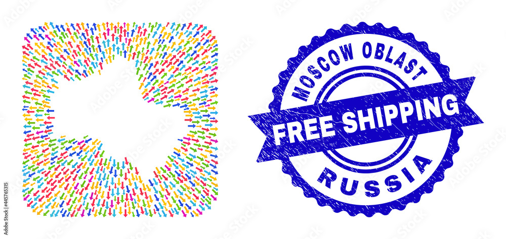 Vector mosaic Moscow Region map of arrows and rubber Free Shipping stamp. Mosaic Moscow Region map designed as hole from rounded square shape with emigration arrows. Vector mosaic Moscow Region map of arrows and rubber Free Shipping stamp. Mosaic Moscow Region map designed as hole from rounded square shape with emigration arrows.