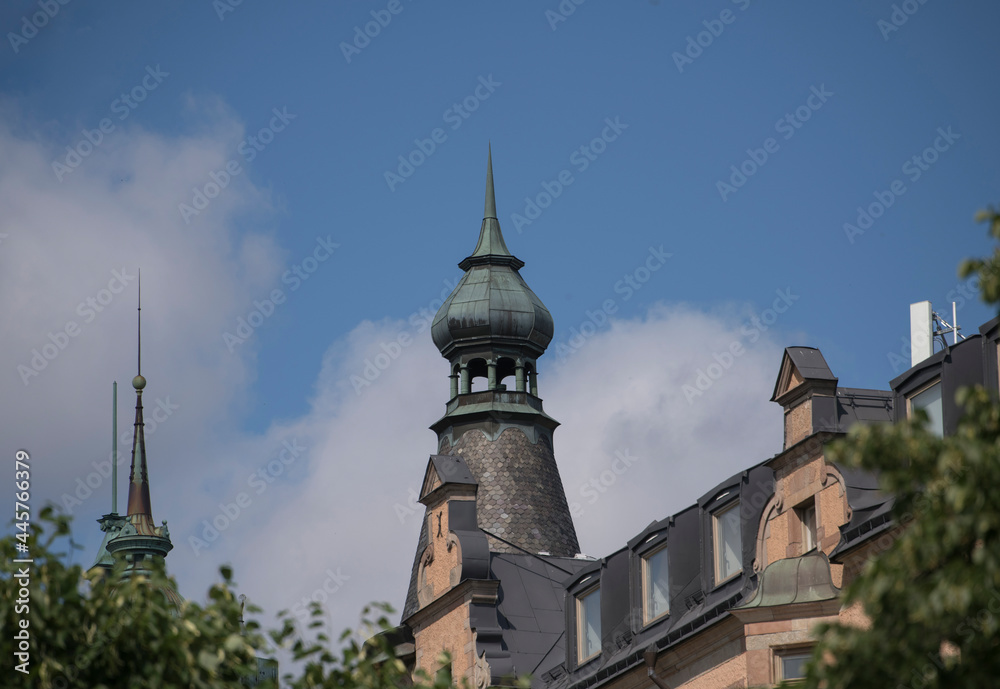 Decorative tower of a 1800s house in the district Östermalm in Stockholm. Stockholm