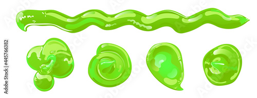 Green slime in flat cartoon style set. Toxic jelly splashes, drops or stains. Vector design for Halloween.