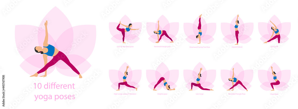 Set of slim sportive young woman doing yoga, Yoga complex, fitness exercises. Healthy lifestyle. Collection of female characters demonstrating various yoga positions isolated on white background