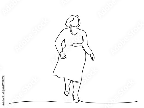 Fat woman walking. Continuous one line drawing.