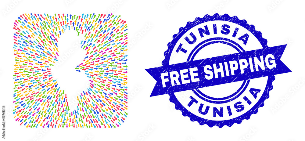 Vector collage Tunisia map of straight arrows and scratched Free Shipping stamp. Collage Tunisia map designed as subtraction from rounded square shape with leaving arrows. Vector collage Tunisia map of straight arrows and scratched Free Shipping stamp. Collage Tunisia map designed as subtraction from rounded square shape with leaving arrows.