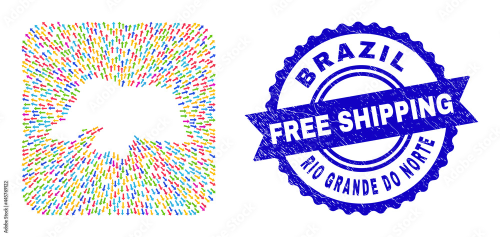 Vector mosaic Rio Grande do Norte State map of straight arrows and grunge Free Shipping seal stamp. Vector mosaic Rio Grande do Norte State map of straight arrows and grunge Free Shipping seal stamp.