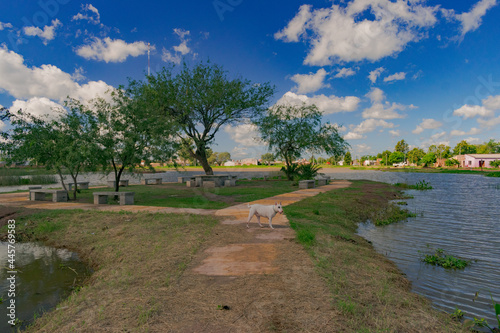 parque al aire libre con lugar para sentarse al costado de una laguna artificial, Castelli - Chaco - Argentina