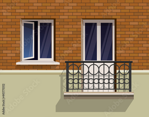 Open window and a balcony on a brick wall realistic flat vector illustration. A slightly open window and metal forged rails.