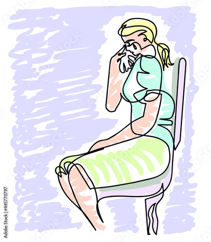 One line drawing of woman crying.
One continuous line drawing of woman ashamed to admit that he is addicted to alcohol.
