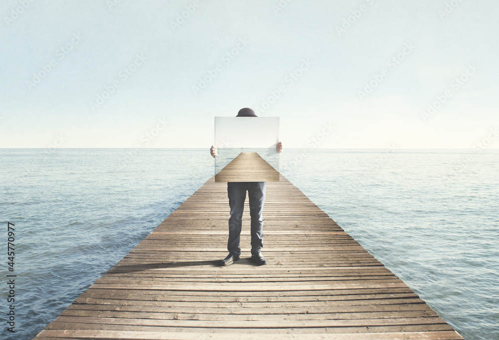 Man holding surreal painting of a boardwalk, abstract concept - obrazy, fototapety, plakaty 