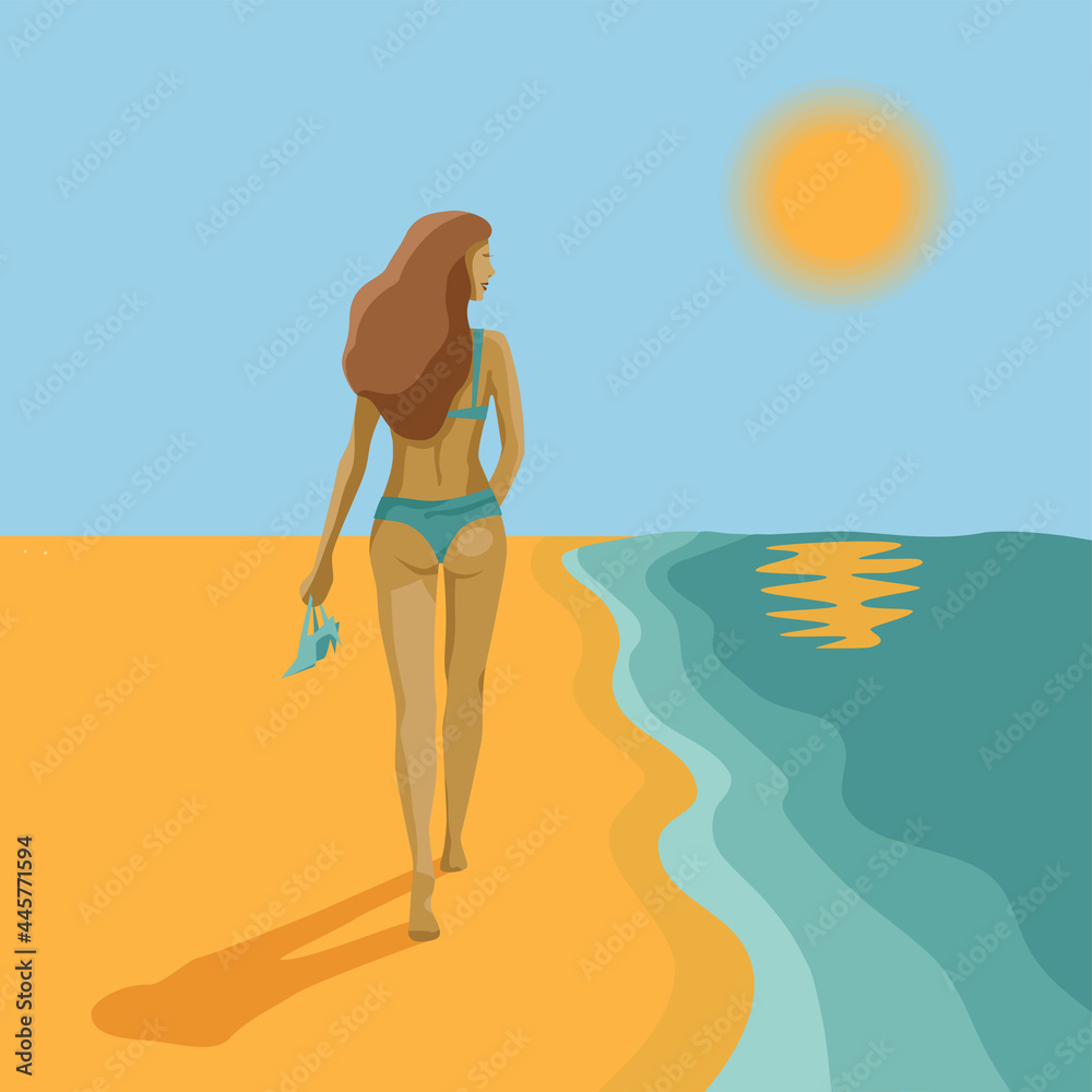 Good shape lady in swim suit walking with on the beach with sandals in hand, woman with long hair on abstract seascape background