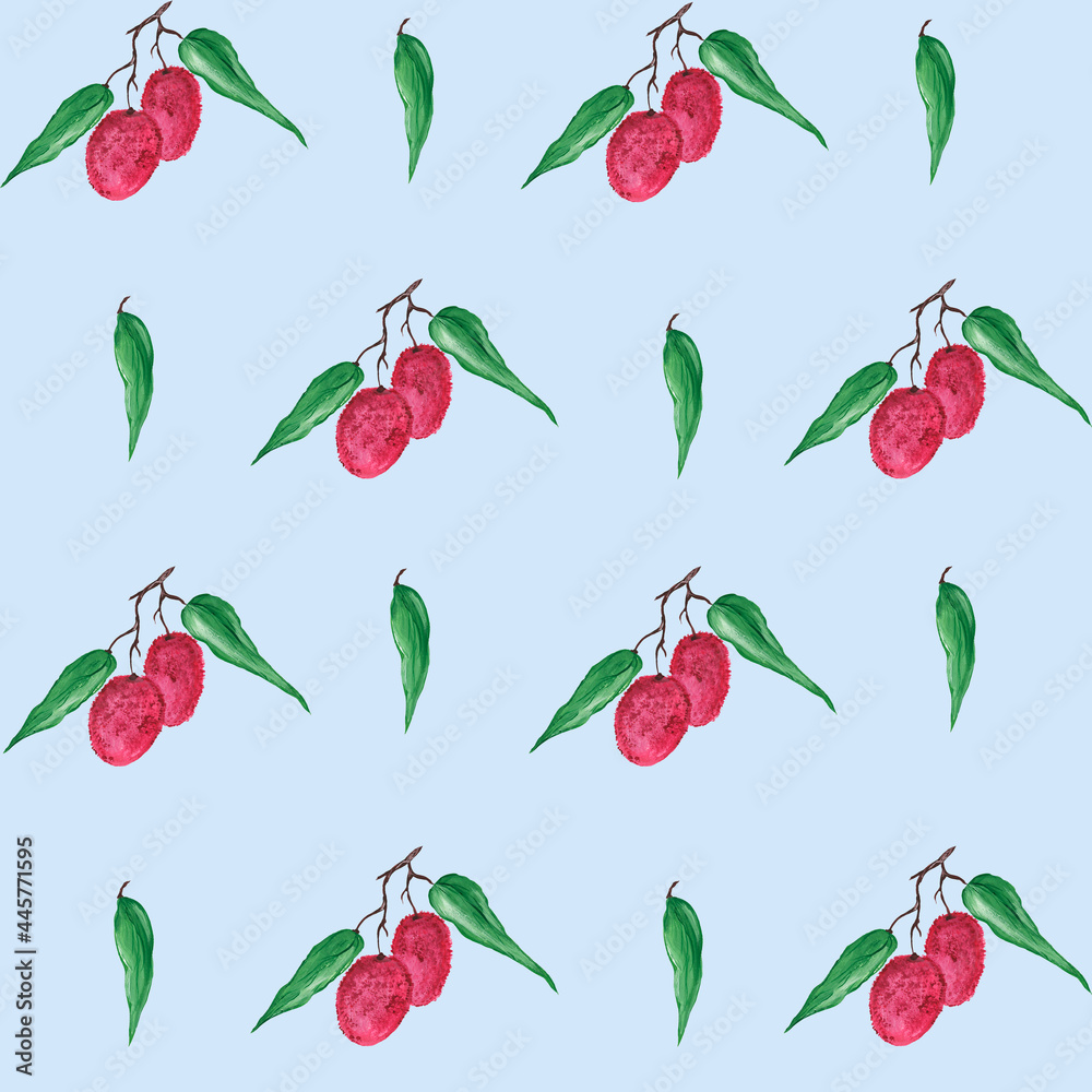 Lychee pink tropical fruits on a blue background. Seamless pattern. Fresh exotic berries watercolor illustration. For printing on textiles. Lychee pink tropical fruits on a blue background. Seamless pattern. Fresh exotic berries watercolor illustration. For printing on textiles.