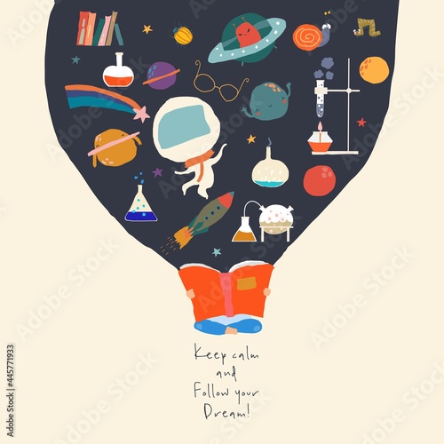 Cartoon Child reading Book and discovering New Worlds