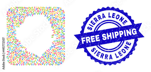 Vector mosaic Sierra Leone map of motion arrows and scratched Free Shipping seal. Mosaic Sierra Leone map created as subtraction from rounded square with motion arrows.