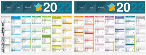 Calendrier 2022 14 mois avec vacances scolaires officielles au format 320 x 420 mm recto verso entièrement modifiable via calques et texte arial