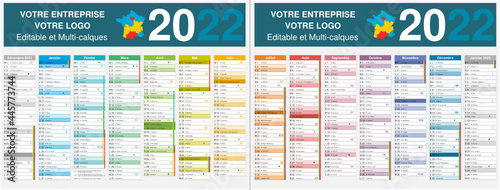 Calendrier 2022 14 mois avec vacances scolaires officielles au format 320 x 420 mm recto verso entièrement modifiable via calques et texte arial