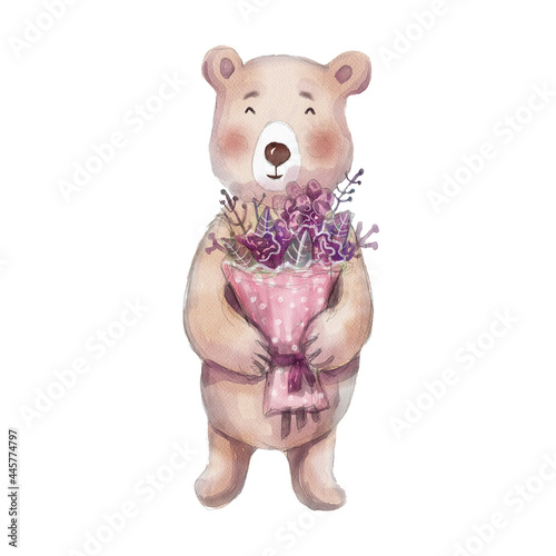 watercolor cute teddy bear with a bouquet of flowers