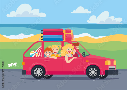 A family with son and dauther travels to the sea in a car. Summer family vacation  travel  trip  car driving. Vector illustration  cartoon  character design. Background  postcard  poster  icon  symbol