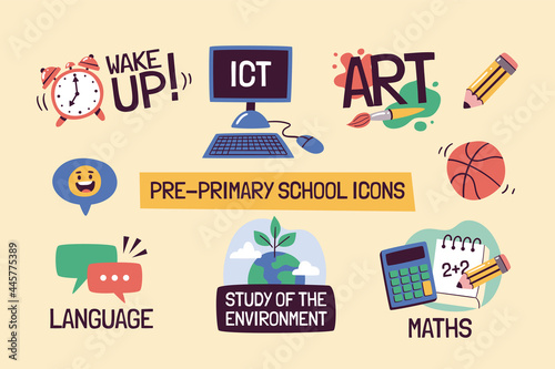 School subjects educational icons. Hand-drawn vector labels with preschool subjects. Perfect for timetables, websites, school apps, sticker design, etc