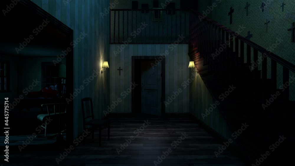 Scary house at night. Paranormal activity inside the house. 3d rendering.
