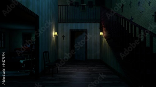 Scary house at night. Paranormal activity inside the house. 3d rendering.