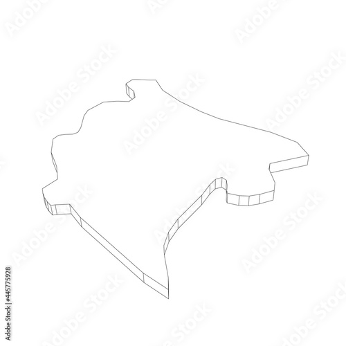 Montenegro - 3D black thin outline silhouette map of country area. Simple flat vector illustration.