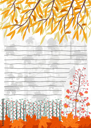 Vector illustration of nature, forest, park, garden in autumn. Here branches Willow, lily of valley berries, fallen leaves, Thalictrum delavayi. There are hand drawn lines. Format notepad sheet, A6. photo