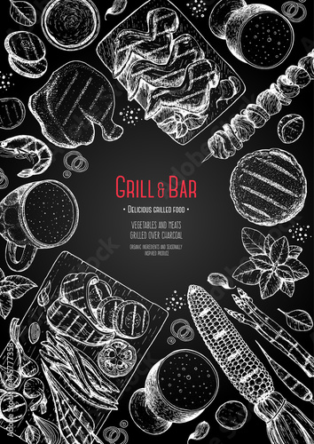 Grill and bar menu design template. Grilled meat and vegetables top view frame. Vector illustration. Engraved design. Hand drawn illustration. Pub food poster.