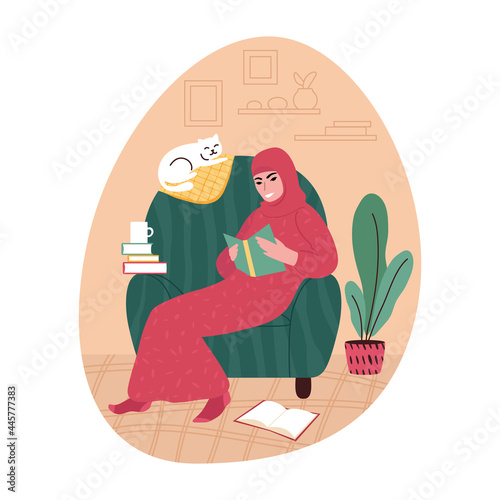 Young woman wearing a headscarf in an armchair at home reading a book. Vector illustration.