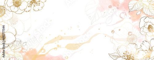 Luxurious golden wallpaper. Banner with flowers. Watercolor pink spots and stains on a white background. Shiny flowers and twigs and leaves. Vector file.