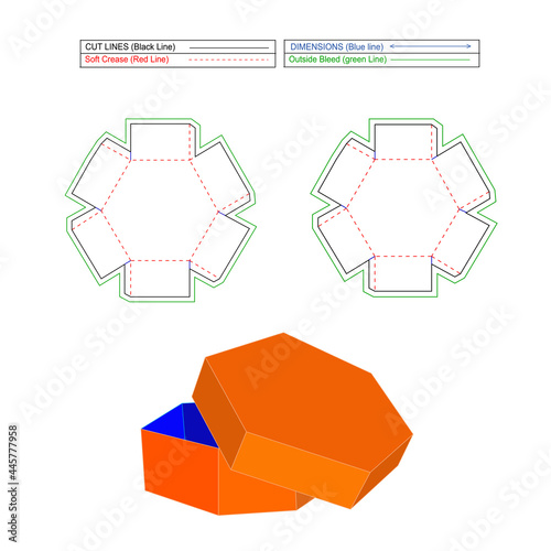 Hexagon box dieline template and 3d render, editable and resizable vector file